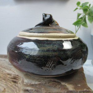 Stoneware Hand Made Glazed Pottery Bowl with Lid signed SRF